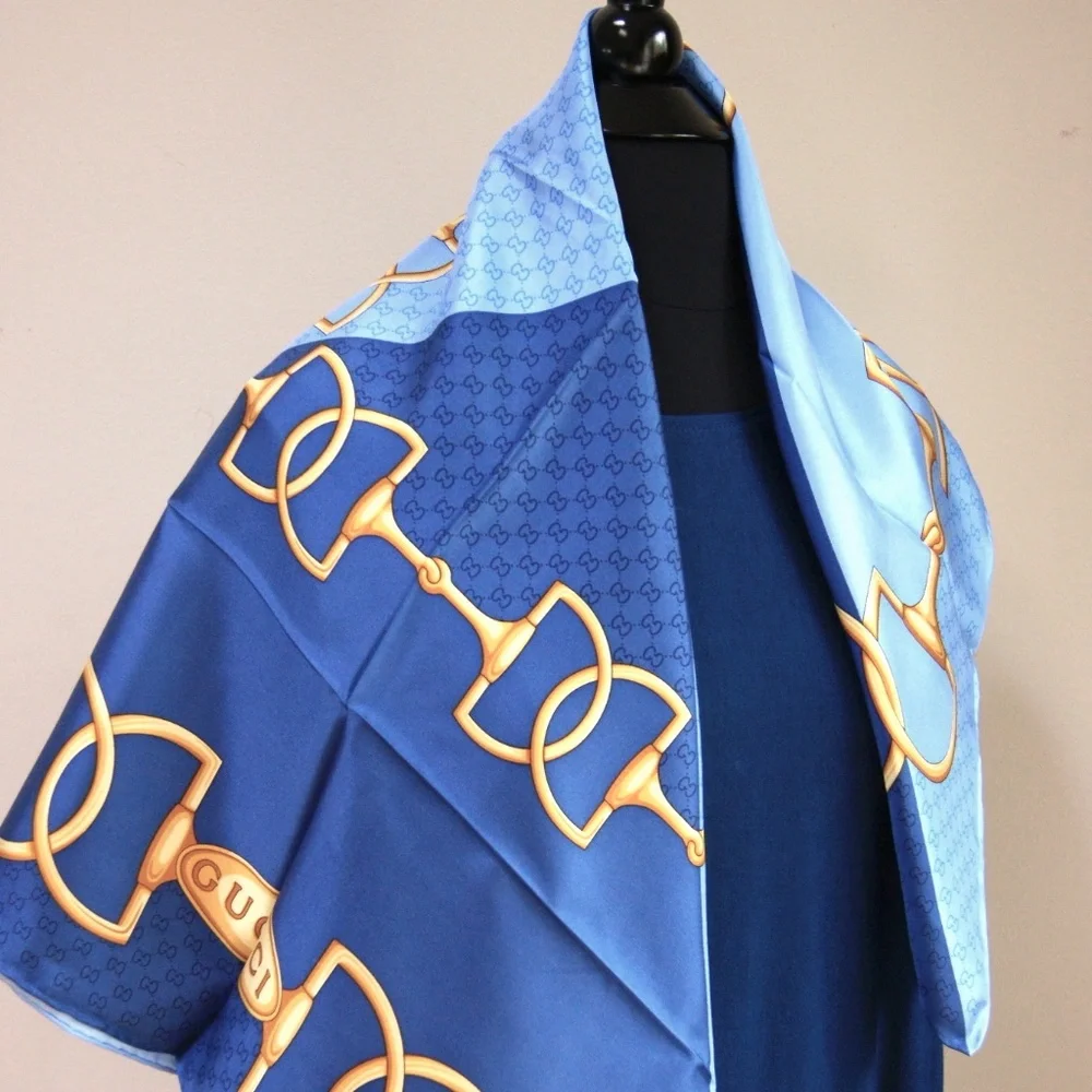New Gucci Double Blue Silk Scarf